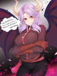  1girl arms_under_breasts black_pants breasts brown_gloves brown_shirt closed_mouth commentary commission cowboy_shot crossed_arms demon_girl demon_wings english_commentary gloves gradient_background horns large_breasts looking_at_viewer medium_hair mitama_mudimudi multicolored_background original pants purple_hair red_eyes shirt skeb_commission smile solo wings 