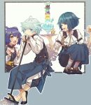  1girl 2boys :d ^_^ apron ascot black_dress black_footwear black_shorts black_vest blue_apron blue_background blue_eyes blue_hair blush braid brooch broom chongyun_(genshin_impact) closed_eyes closed_mouth collared_shirt commentary_request cup dark_blue_hair dress frilled_sleeves frills genshin_impact guoba_(genshin_impact) hair_between_eyes hair_ornament hair_rings hairclip hands_up holding holding_broom holding_tray jewelry long_sleeves looking_at_another looking_at_viewer mouth_hold multiple_boys open_mouth outline parted_bangs shirt shoes short_hair shorts simple_background slime_(genshin_impact) smile socks spoon squatting stack tassel tray twin_braids utensil_in_mouth vest waist_apron white_ascot white_background white_outline white_shirt white_socks xiangling_(genshin_impact) xingqiu_(genshin_impact) yellow_eyes yoco_n 