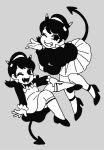  2girls aged_down black_hair child demon_girl demon_horns demon_tail dress dual_persona evil_grin evil_smile fang female_child grey_background grin hair_ribbon hairband highres horns leg_up low_twintails multiple_girls open_mouth osomatsu-kun osomatsu-san pinafore_dress ribbon short_twintails skirt sleeveless sleeveless_dress smile softowel tail time_paradox turtleneck twintails yowai_totoko 