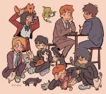  1girl 6+boys animal animal_on_head animal_on_lap artist_name black_eyes black_footwear black_hair black_jacket black_pants blazer blonde_hair blush brown_hair cat cat_cafe cat_on_head cat_on_lap closed_eyes closed_mouth collared_shirt commentary cup ekubo_(mob_psycho_100) english_commentary esper-eclipse food formal freckles frown full_body gakuran hanazawa_teruki head_rest highres holding holding_cup indian_style jacket kageyama_ritsu kageyama_shigeo kurata_tome long_sleeves looking_at_another mob_psycho_100 multiple_boys necktie on_head on_lap open_mouth orange_background orange_hair pants red_jacket red_skirt reigen_arataka school_uniform serizawa_katsuya shirt shoes short_hair simple_background sitting skirt smile sneakers spirit standing stool suit suzuki_shou table teacup white_shirt 