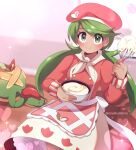  1girl amaibambina appletun apron artist_name blush bowl cream dark-skinned_female dark_skin green_eyes green_hair hat highres holding holding_bowl holding_whisk indoors long_hair long_sleeves looking_at_viewer mallow_(palentine&#039;s_2023)_(pokemon) mallow_(pokemon) official_alternate_costume pokemon pokemon_(game) pokemon_masters_ex sitting skirt smile twintails watermark whisk 