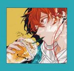  blue_background cup disposable_cup drinking drinking_straw earphones given hood hoodie icing kizu_natsuki listening_to_music red_eyes redhead satou_mafuyu white_hoodie 