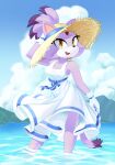  1girl absurdres alternate_costume blaze_the_cat blue_sky clouds dress dstears furry furry_female gloves hat highres mountainous_horizon open_mouth partially_submerged sky smile solo sonic_(series) straw_hat sundress water white_dress white_gloves 