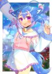  1girl :p animal_ear_fluff animal_ears antenna_hair arm_up bell blue_hair blue_sky blurry blurry_background choker clouds collarbone commentary_request commission day depth_of_field drawstring frilled_skirt frills hair_between_eyes hand_up indie_virtual_youtuber jacket jingle_bell kou_hiyoyo little_nii long_sleeves looking_at_viewer multicolored_hair neck_bell pink_hair pink_jacket short_eyebrows short_twintails skeb_commission skirt sky solo star_(symbol) streaked_hair thick_eyebrows tongue tongue_out twintails violet_eyes virtual_youtuber white_choker white_skirt wide_sleeves 