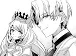 1boy 1girl absurdres alfred_(fire_emblem) brother_and_sister butterfly_hair_ornament celine_(fire_emblem) closed_mouth crown fire_emblem fire_emblem_engage hair_ornament hand_on_own_chest highres illust_mi long_hair looking_at_viewer monochrome short_hair siblings smile upper_body white_background wrist_bow 