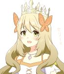  1girl :d blonde_hair butterfly_hair_ornament celine_(fire_emblem) crown dress fire_emblem fire_emblem_engage green_eyes hair_ornament highres jewelry kyousuke_(orcein) long_hair looking_at_viewer necklace official_alternate_costume one-hour_drawing_challenge open_mouth smile solo upper_body white_background white_dress 