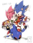  1girl 3boys amy_rose bald bendedede black_sclera blue_fur carrying colored_sclera covering_face dr._eggman evil_grin evil_smile facial_hair fingernails fleeing glasses gloves green_shirt grin hairband hands_on_own_face highres joints metal_sonic miniskirt multiple_boys mustache opaque_glasses orange_skirt pink_fur pointy_nose princess_carry purple_footwear red_eyes red_footwear retro_artstyle robot robot_joints scared sharp_fingernails shirt shoes skirt smile sneakers sonic_(series) sonic_cd sonic_the_hedgehog sonic_the_hedgehog_(classic) standing_on_another&#039;s_head sweatdrop white_gloves 