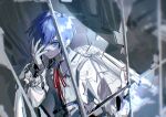  1boy 25-ji_kaito 25-ji_nightcord_de._(project_sekai) angry blue_eyes blue_hair blue_nails broken_glass broken_window empty_eyes from_above glaring glass hand_on_own_face hand_on_window hands_up highres kaito_(vocaloid) long_sleeves looking_at_viewer male_focus nail_polish project_sekai red_ribbon ribbon shirt short_hair solo vocaloid white_shirt yukifish 