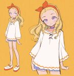  1girl amamiya_elena blonde_hair blue_shorts blush bow butadon choker closed_mouth full_body hair_bow hairband highres long_hair long_sleeves looking_at_viewer mole mole_under_eye multiple_views orange_hairband precure purple_choker shirt shorts simple_background smile solo standing star_twinkle_precure violet_eyes white_shirt yellow_background 