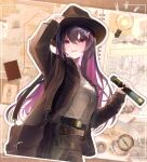  1girl alternate_costume azki_(hololive) bag black_hair blush brown_headwear brown_jacket brown_pants brown_shirt colored_inner_hair commentary cowboy_shot fedora grey_shirt hair_ornament hairclip hand_on_headwear handbag harusame_meronn hat highres holding_telescope hololive jacket long_sleeves mole mole_under_eye multicolored_hair official_alternate_hair_length official_alternate_hairstyle open_mouth pants pink_hair shirt solo symbol-only_commentary virtual_youtuber 