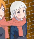  2girls against_wall arashi_chisato blunt_bangs blush brick_wall checkered_clothes checkered_scarf closed_mouth commentary_request hair_down highres long_hair love_live! love_live!_superstar!! medium_hair multiple_girls open_mouth orange_hair orange_scarf red_eyes scarf school_uniform shared_clothes shared_scarf shibuya_kanon smile tottsan violet_eyes white_hair yuigaoka_school_uniform yuri 