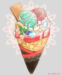  artist_name banana banana_slice crepe dated food food_focus fruit grey_background ice_cream marshmallow no_humans original shunkashuntou sprinkles still_life strawberry strawberry_slice 