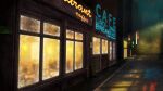  building cafe city highres night night_sky no_humans original outdoors road scenery shop sky star_(sky) starry_sky toy(e) window 