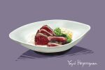  artist_name bonito fish_(food) food food_focus hayasegawayayoi highres no_humans original plate purple_background shadow simple_background still_life vegetable 