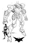  1boy 2022 absurdres artist_name assault_visor batman batman_(series) bodysuit character_name clenched_hands dan_mora dc_comics english_commentary english_text frown greyscale highres lineart mask mecha monochrome official_art open_hands power_armor robot science_fiction standing superhero white_background 