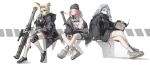  3girls absurdres bandaid bandaid_on_face bandaid_on_nose beanie black_jacket blonde_hair blue_hair closed_eyes computer countryman_(artist) field_ration full_body girls_frontline gloves grin hat headphones headphones_around_neck highres holding_laptop hood hood_down hooded_jacket hoodie jacket kettle knee_pads laptop long_hoodie looking_at_viewer mk_153_(girls&#039;_frontline) multiple_girls pink_hair rocket_launcher second-party_source shoes simple_background single_knee_pad smile sneakers socks tactical_clothes weapon white_background white_gloves woollen_cap 