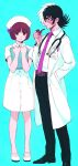  1boy 1girl :3 aged_up akiyama_enma alternate_costume belt black_hair black_jack_(character) black_jack_(series) blue_background bow brown_eyes brown_hair collared_dress collared_shirt dress expressionless hair_bow hand_in_pocket hat holding holding_smoking_pipe lab_coat long_sleeves looking_at_viewer multicolored_hair name_tag necktie nurse nurse_cap patchwork_skin pink_necktie pinoko scar shirt short_hair short_sleeves simple_background smoking_pipe split-color_hair stethoscope two-tone_hair white_hair white_shirt 