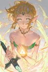  1girl blonde_hair braid crown_braid dress earrings expressionless glowing glowing_eyes green_eyes hair_ornament highres jewelry light looking_at_viewer magic master_sword parted_bangs pointy_ears princess_zelda short_hair sidelocks solo tefco the_legend_of_zelda the_legend_of_zelda:_tears_of_the_kingdom triforce white_dress 