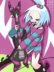 1girl :d aqua_eyes bass_guitar black_boots boots commentary dress hair_bobbles hair_ornament happy highres holding holding_instrument instrument knees long_sleeves lower_teeth_only open_mouth pokemon pokemon_bw2 purple_background roxie_(pokemon) smile solo striped_clothes striped_dress teeth topknot touma_(xasg8477) white_hair 