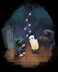  2017 2d 2others ambiguous_gender black_background black_socks blue_shirt boots brown_boots brown_hair brown_shorts child commentary computer computer_keyboard computer_mouse crt crying desk digital_media double_horizontal_stripe floor frisk_(undertale) ghost headphones horizontal-striped_clothes human in-universe_location indoors kyouichi long_sleeves multiple_others musical_note napstablook other_focus pink_stripes refrigerator sheet_ghost shirt short_hair shorts simple_background sitting socks striped_clothes striped_shirt tears television two-tone_shirt undertale utdr_(toby_fox) wariza wooden_floor 