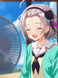  1girl :d ^_^ absurdres ahoge alternate_hairstyle aqua_cardigan black_flower black_hairband black_neckerchief black_ribbon black_rose blue_sky blurry blurry_background blush cardigan closed_eyes clouds day electric_fan fang fanning_self flower forehead grey_hair hair_flower hair_ornament hair_ribbon hair_slicked_back hairband happy heaven_burns_red highres hot indoors lens_flare long_sleeves luck_hebuban medium_hair minase_sumomo neckerchief open_cardigan open_clothes open_mouth purple_ribbon ribbon rose sailor_collar skin_fang sky smile solo sweatdrop upper_body white_sailor_collar window 