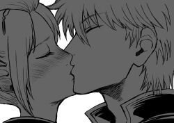  1boy 1girl blush commentary_request eye_contact face-to-face gintama kiss kunai kunai_hair_ornament looking_at_another mj8ctcs7a9bz68r monochrome sakata_gintoki scar scar_on_face tsukuyo_(gintama) weapon 