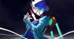  1boy absurdres black_background blue_eyes blue_helmet blue_robe buzzsaw_(6631455) commentary_request cyber_elf_x_(mega_man) detached_wings forehead_jewel from_side helmet highres male_focus mechanical_wings mega_man_(series) mega_man_zero_(series) profile robe solo tears upper_body wings x_(mega_man) z_saber 