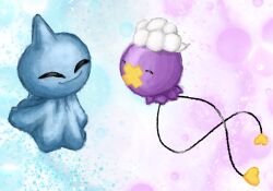  ^_^ closed_eyes closed_mouth commentary cry-o-genesis drifloon english_commentary full_body highres making-of_available no_humans pokemon pokemon_(creature) pokemon_focus shuppet smile 