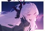 1girl ahoge black_coat blue_archive border closed_mouth coat commentary demon_girl demon_horns doribae from_side halo highres hina_(blue_archive) horns long_hair looking_at_viewer outside_border solo symbol-only_commentary upper_body violet_eyes white_border white_hair 