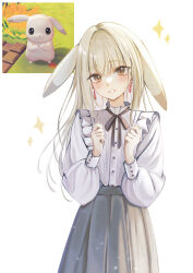  0_tsunamayo_0 1girl absurdres black_ribbon black_skirt brown_eyes commentary_request creature_and_personification droopy_ears earrings game_screenshot_inset grey_hair grin highres jewelry long_hair looking_at_viewer neck_ribbon peakychu personification pikachu pokemon pokemon_(creature) pokemon_pokopia ribbon screenshot_inset shirt simple_background skirt smile sparkle white_background white_shirt 