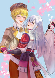  1boy 1girl absurdres blonde_hair commentary_request couple hetero highres japanese_clothes kaguya_(rune_factory) looking_at_another mauro_(rune_factory) mimiko_(nekonekomiruo) open_mouth red_rope rope rune_factory rune_factory:_guardians_of_azuma violet_eyes 
