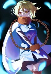  1girl black_necktie black_skirt black_thighhighs blonde_hair cape chain chained chained_wrists collar commentary_request cuffs don_quixote_(project_moon) gloves handcuffs highres index_(identity)_(project_moon) jacket limbus_company long_sleeves looking_at_viewer necktie project_moon shirt short_hair skirt solo thigh-highs white_cape white_shirt yellow_eyes 