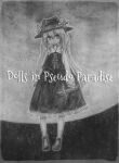  1960965346 1girl black_dress black_headwear cross dolls_in_pseudo_paradise dress full_body hat highres holding holding_cross jacket_girl_(dipp) long_hair long_sleeves looking_at_viewer monochrome sky smile solo standing star_(sky) starry_sky touhou 