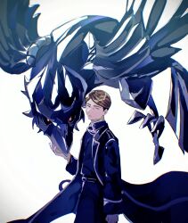  1boy belt bird black_sclera blue_coat brown_hair chin_rub coat colored_sclera commentary corviknight crossover expressionless flying from_side genau_(sousou_no_frieren) highres koda_(ko_da_yo) looking_at_viewer pokemon pokemon_swsh red_eyes short_hair sousou_no_frieren white_background 