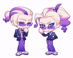  1boy 1girl adjusting_eyewear alternate_costume alternate_hair_color arm_behind_back black_jacket chibi chibi_only closed_mouth colored_eyelashes frown full_body griselle_(pokemon) grisham_(pokemon) highres jacket long_sleeves multicolored_hair open_clothes open_jacket pants pokemon pokemon_legends:_z-a ponytail purple-tinted_eyewear purple_hair purple_pants rectangular_eyewear shirt shoes simple_background smile standing striped_clothes striped_pants sunglasses tinted_eyewear two-tone_hair uvuvus v-shaped_eyebrows vertical-striped_clothes vertical-striped_pants white_background white_hair white_shoes 