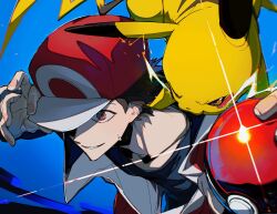  1boy arm_up baseball_cap black_hair black_shirt blue_background brown_eyes collarbone commentary_request electricity hat highres holding holding_poke_ball jacket kunyamon_busy male_focus on_shoulder parted_lips pikachu poke_ball poke_ball_(basic) pokemon pokemon_(creature) pokemon_frlg pokemon_on_shoulder red_(pokemon) red_jacket shirt short_sideburns sideburns smile upper_body wide-eyed 