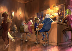 1other 2017 2d ambiguous_gender anthro axe bird bird_girl black_background black_cloak black_shorts black_socks blue_hood blue_jacket blue_shirt blue_shoes boots brown_boots brown_hair brown_shorts ceiling child cloak commentary counter digital_media dogaressa door double_horizontal_stripe eating english_commentary fish fish_boy floor frisk_(undertale) furry furry_female furry_male hands_in_pockets holding holding_axe holding_food holding_weapon hollow_eyes hood hood_down hooded_jacket horizontal-striped_clothes human humanoid in-universe_location indoors jacket ketchup kyouichi lamp long_sleeves looking_back male monster monster_boy on_stool open_clothes open_jacket pink_stripes punk_hamster red_bird_(undertale) red_feathers restaurant sans_(undertale) shirt shoes short_hair shorts simple_background single_vertical_stripe sitting skeleton sneakers socks stool striped_clothes striped_shirt striped_shorts table teeth two-tone_shirt ugly_fish undead undertale uneven_eyes utdr_(toby_fox) vertical-striped_clothes vertical-striped_shorts wall_lamp weapon white_shirt white_stripes wooden_floor