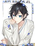 1boy 2023 ahoge alternate_costume black_hair blue_eyes clenched_hand commentary_request dated earrings flower flower_on_head hagiwara_daisuke happy_birthday hori-san_to_miyamura-kun jewelry long_sleeves looking_at_viewer male_focus miyamura_izumi short_hair single_earring sleeves_past_wrists solo white_background 