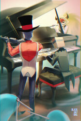  3boys 5.0.5. absurdres black_hat black_hat_(villainous) black_pants black_shirt black_tailcoat breasts colored_skin demencia dr._flug flute from_behind grey_skin hat highres holding holding_flute holding_instrument holding_violin insistcurrency instrument multiple_boys music pants piano playing_flute playing_instrument playing_piano red_hair red_shirt shirt sitting sleeveless sleeveless_shirt standing tailcoat top_hat vest villainous violin 