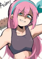  1girl aubrey_(faraway)_(omori) aubrey_(omori) baseball_bat blue_eyes blue_hairband character_name collarbone commentary_request crop_top double-parted_bangs grey_background hair_between_eyes hairband holding holding_baseball_bat long_hair looking_at_viewer nail_(hardware) nail_bat navel omori pasuta928008 pink_hair short_hair sidelocks simple_background solo upper_body 