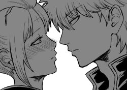  1boy 1girl after_kiss blush commentary_request eye_contact face-to-face gintama kunai kunai_hair_ornament looking_at_another mj8ctcs7a9bz68r monochrome sakata_gintoki scar scar_on_face tsukuyo_(gintama) weapon 