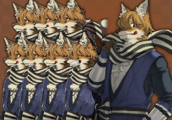  1boy animal_ears blousquidly blue_gloves claws closed_eyes closed_mouth fangs fingerless_gloves fire_emblem fire_emblem_fates fox_boy fox_ears fox_tail furrification furry furry_male gloves highres kaden_(fire_emblem) looking_at_viewer male_focus multicolored_scarf multiple_views muscular muscular_male orange_fur pectorals profile scarf smile tail third-party_source 
