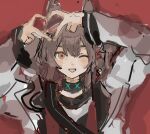  1girl :d angelina_(arknights) animal_ears arknights arms_up black_choker brown_eyes brown_hair choker commentary fox_ears hairband hands_up heart heart_hands infection_monitor_(arknights) jacket long_hair looking_at_viewer nneekoo3 one_eye_closed open_clothes open_jacket red_background simple_background sketch smile solo straight-on symbol-only_commentary teeth twintails upper_body upper_teeth_only 