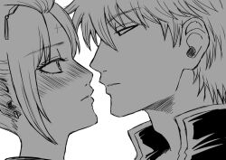  1boy blush commentary_request eye_contact face-to-face gintama kunai kunai_hair_ornament looking_at_another mj8ctcs7a9bz68r monochrome sakata_gintoki scar scar_on_face tsukuyo_(gintama) weapon 