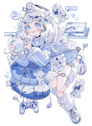  1girl :d bandaid bandaid_on_leg blue_eyes bow braid candy commentary_request controller crossed_bandaids ear_piercing food game_controller grey_jacket hair_ornament hairclip handheld_game_console headphones heart heart_hairclip heart_o-ring highres inflatable_pillow jacket lollipop long_sleeves loose_socks megaphone o-ring original piercing playing_games puffy_long_sleeves puffy_sleeves rabbit rabbit_hair_ornament shoes smile sneakers socks spoken_sweatdrop sweatdrop swirl_lollipop tearing_up thigh_strap twintails uekura_eku watermark white_background white_bow white_hair white_shoes 