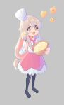  1girl :d batter black_pantyhose bowl brown_eyes chef_hat chocolate_chip_cookie commentary cookie english_commentary food full_body grey_background grey_hair gustavo_schuler hair_between_eyes hat heart-shaped_cookie highres long_hair long_sleeves looking_at_viewer low-tied_long_hair multicolored_hair neckerchief no_shoes onii-chan_wa_oshimai! open_mouth oyama_mahiro pantyhose pink_hair red_neckerchief red_skirt shirt sidelocks simple_background skirt smile solo standing tilted_headwear two-tone_hair whisk white_shirt 