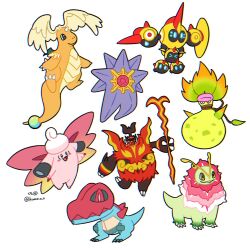  6+others clefable commentary dragonite emboar falinks feraligatr fire full_body head_wings highres kumo_o_o mega_clefable mega_dragonite mega_emboar mega_falinks mega_feraligatr mega_meganium mega_pokemon mega_starmie mega_victreebel meganium multiple_others pokemon pokemon_(creature) pokemon_legends:_z-a simple_background starmie twitter_username victreebel white_background wings 