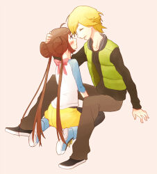  1boy 1girl black_pantyhose blonde_hair blue_eyes blush brown_hair brown_pants closed_eyes commentary_request curtis_(pokemon) donut_hair_bun double_bun green_vest hair_bun hand_on_another's_head hetero long_sleeves open_clothes open_mouth open_vest pants pantyhose pantyhose_under_shorts pokemon pokemon_bw2 raglan_sleeves rosa_(pokemon) shoes short_hair shorts smile sneakers twintails vest yellow_shorts 