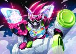  1boy black_bodysuit bodysuit clenched_hand clock_hands controller dust_cloud ex-aid_armor game_controller gashat goggles hammer health_bar highres kamen_rider kamen_rider_zi-o kamen_rider_zi-o_(series) katakana male_focus open_hand otokamu pink_eyes pink_hair spiky_hair sword video_game weapon 