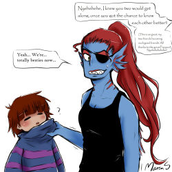  1:1 1boy 1girl 1other 2016 2d ? ambiguous_gender anthro artist_name black_eyepatch black_tank_top blue_eyes blue_skin blue_sweater brown_hair child clothes_grab colored_skin commentary deviantart_sample digital_media double_horizontal_stripe duo ear_fins english_commentary english_text eyepatch female fins fish fish_girl frisk_(undertale) head_fins height_difference high_ponytail highres horizontal-striped_clothes human image_sample long_hair long_sleeves monster monster_girl out_of_frame papyrus_(font) papyrus_(undertale) pink_stripes ponytail red_hair sharp_teeth short_hair signature simple_background striped_clothes striped_sweater sweat sweater tank_top teeth text two-tone_sweater undertale undyne upper_body utdr_(toby_fox) whistler-ren white_background 